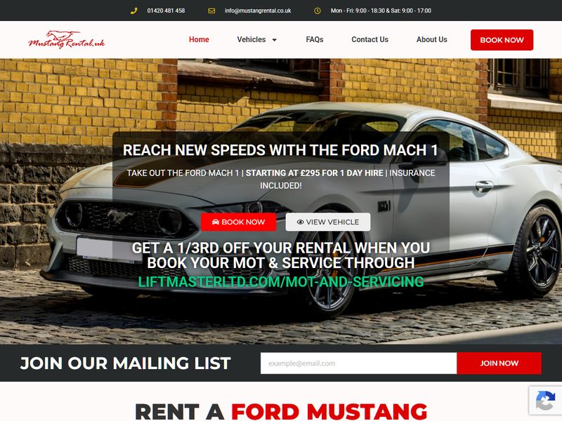 Mustang Rental website homepage